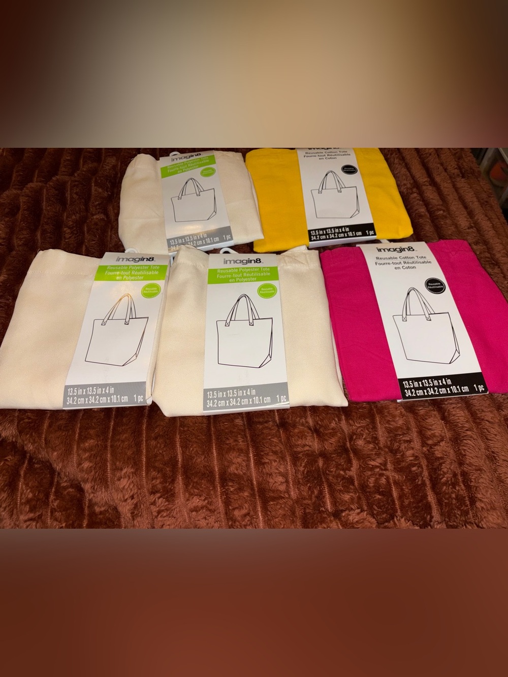 Reusable Tote Bags - Ivory, Yellow, Hot Pink